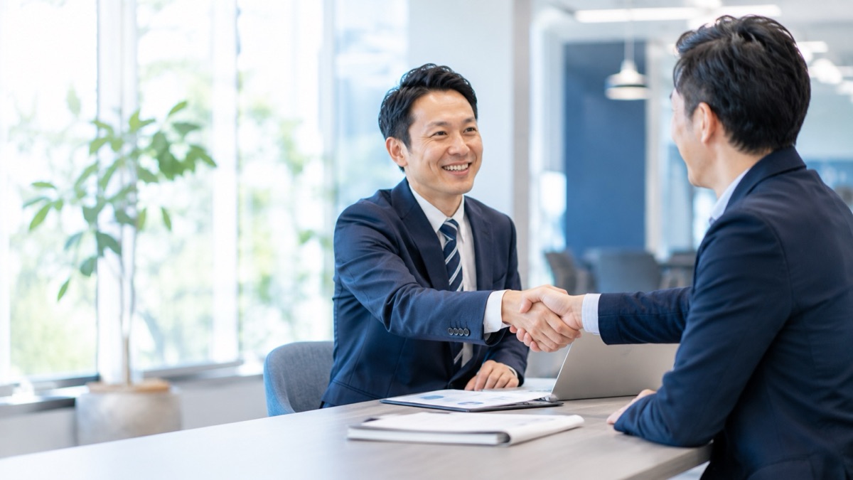 オフィスで商談がまとまり握手を交わすビジネスパーソン